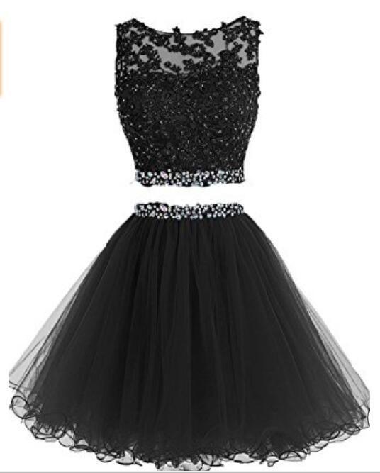 Two Pieces Raven Homecoming Dresses Short Beaded Party Dresses Tulle Applique CD2255