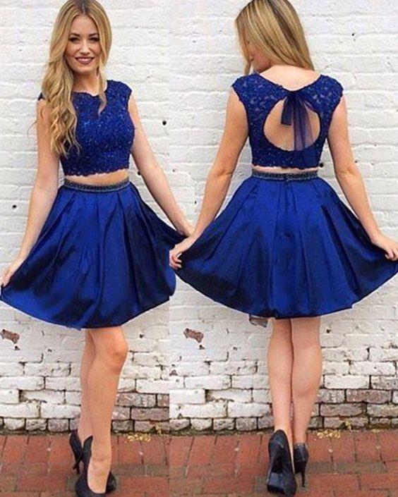 Satin Hilda Royal Blue Homecoming Dresses Lace Two Piece Bodice CD2262