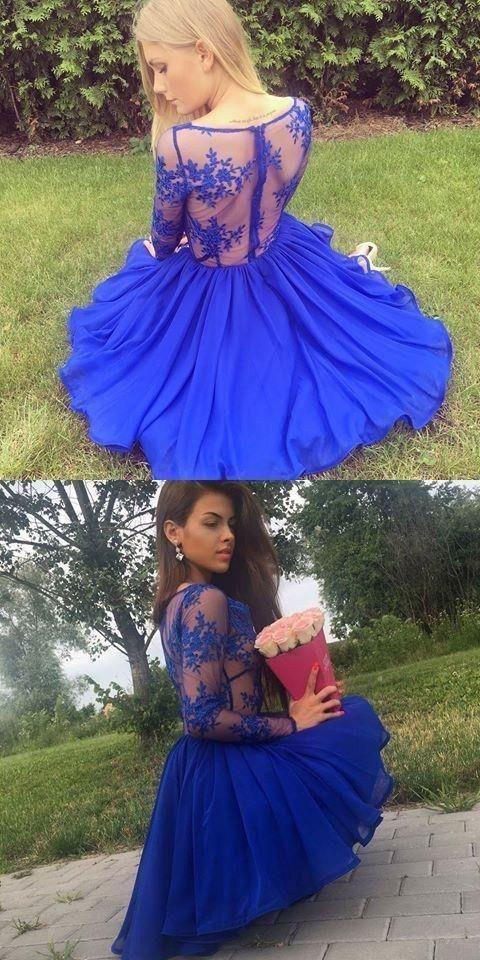 A-Line Royal Blue Averie Homecoming Dresses Chiffon Deep V-Neck Long Sleeves Short CD22698