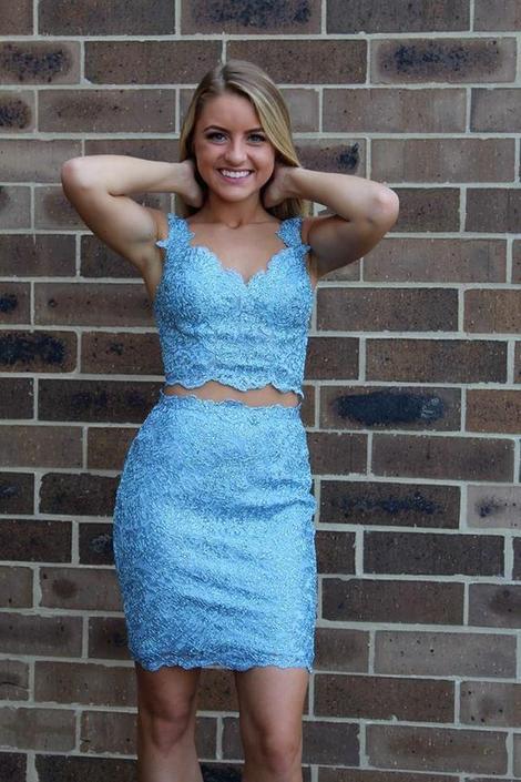 Two Piece Blue Tight Short Lace Annabelle Homecoming Dresses Sheath CD22871