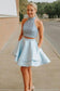 Halter Sleeveless Nicole Homecoming Dresses Two Pieces Backless Blue Short CD232