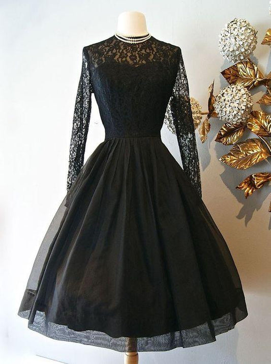 Lace Jasmine Homecoming Dresses Vintage Style A-Line Knee-Length Long Sleeves Black With CD23633