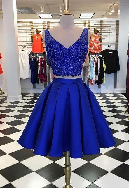 With Beading Top Royal Blue Homecoming Dresses Two Pieces Kenya Dance Dresses CD23948