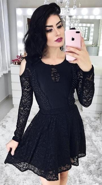 Long Sleeve Black For Teens Cold Shoulder Little Black Dress Semi Formal Dress For Junior Homecoming Dresses Janelle CD24438