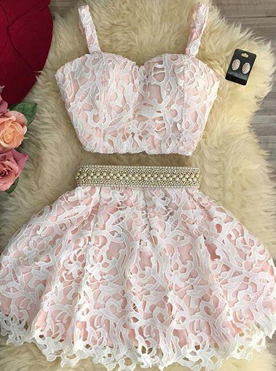 Cute Two Pieces Homecoming Dresses Aubrie Pink Lace Short CD244