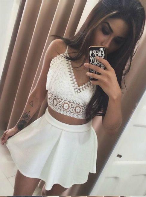 White Two Piece Spaghetti Straps Janae Homecoming Dresses Lace Short CD24635