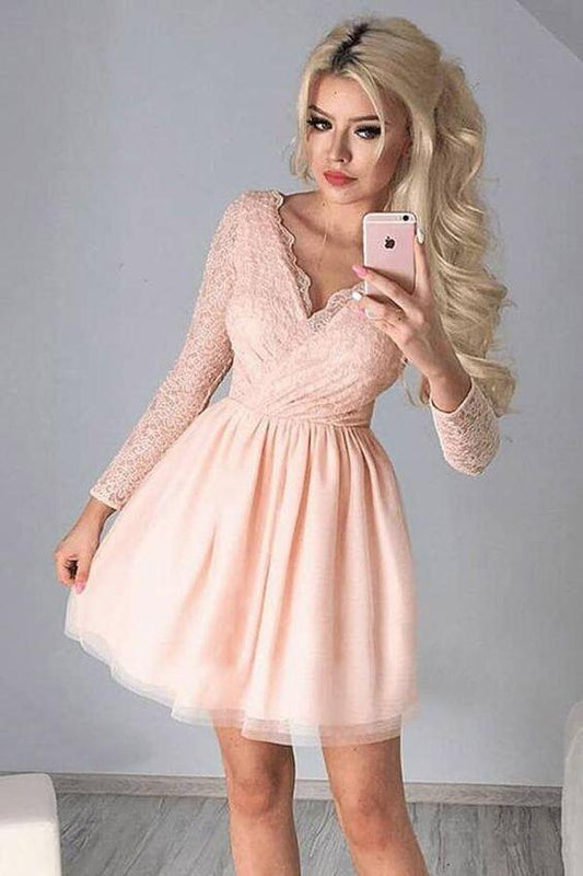 A-Line V-Neck Tulle Long Sleeves Haley Homecoming Dresses Lace Pink Tulle With CD24663