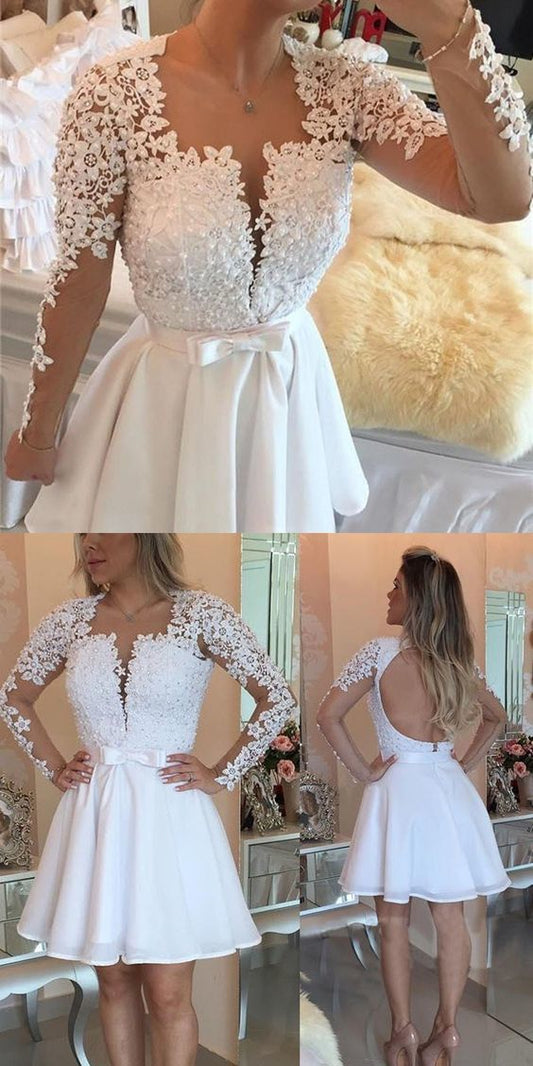 Short White Party Dresses Mini Open Back Lace Homecoming Dresses Janessa Long Sleeves Sexy Deep V-Neck Party Dresses CD265