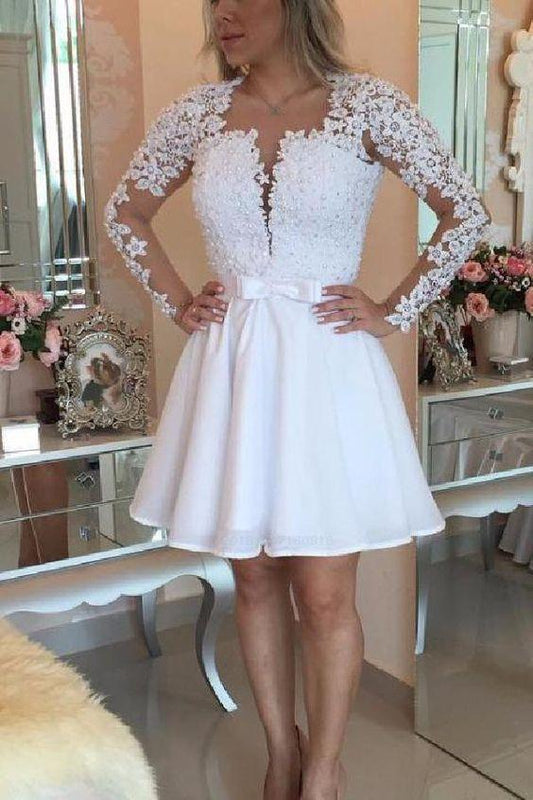 Short White Party Dresses Mini Open Back Lace Homecoming Dresses Janessa Long Sleeves Sexy Deep V-Neck Party Dresses CD265