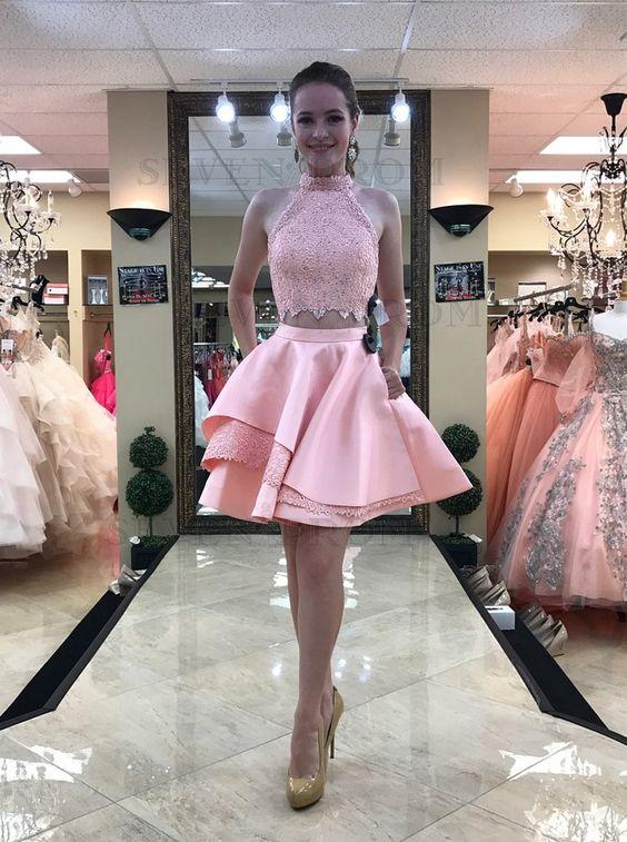 Two Piece High Neck Above-Knee Homecoming Dresses Pink Jennifer Lace With Pockets CD2832