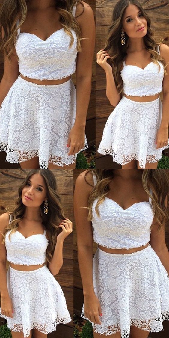 Two Piece Straps Short White Meadow Lace Homecoming Dresses Cocktail Dress Cheap CD319