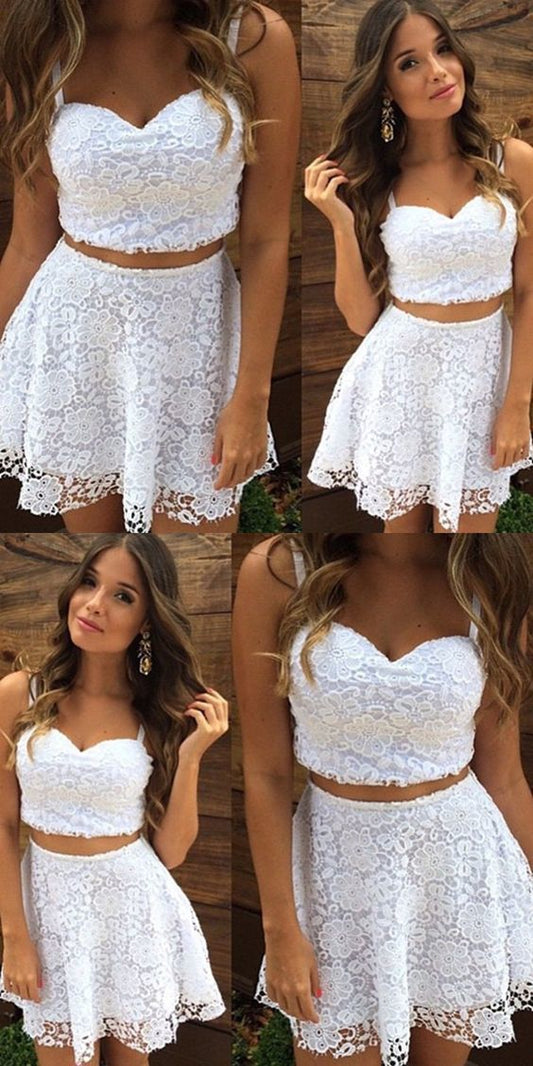 Two Piece Straps Short White Meadow Lace Homecoming Dresses Cocktail Dress Cheap CD319