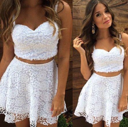 Two Piece Straps Short White Meadow Lace Homecoming Dresses Cocktail Dress Cheap CD319