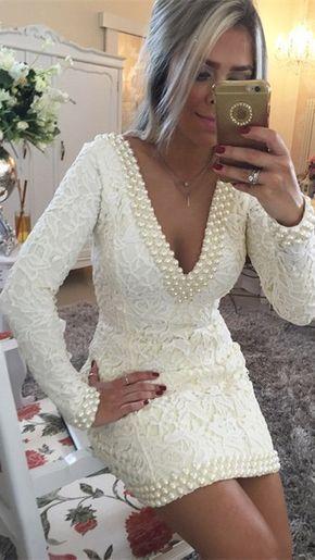 A-Line V-Neck Long Sleeves Short/Mini With Pearls Homecoming Dresses Lace Nell Dresses CD352