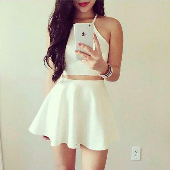 White Short Simple Jaelyn Two Pieces Homecoming Dresses CD3565