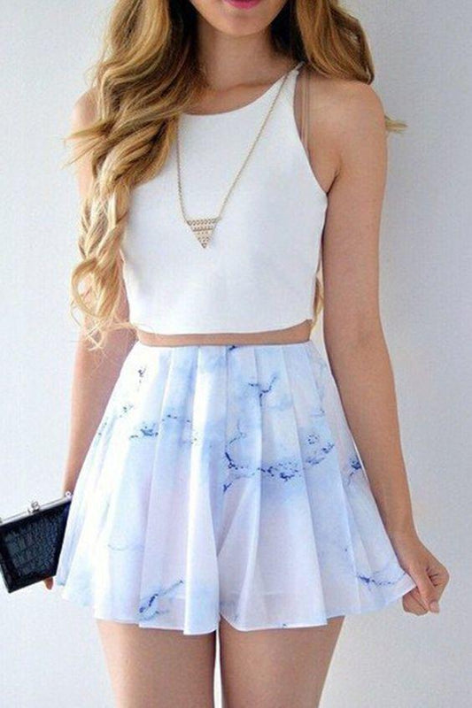 Two Piece Bateau Short Printed Paulina Chiffon Homecoming Dresses White CD368