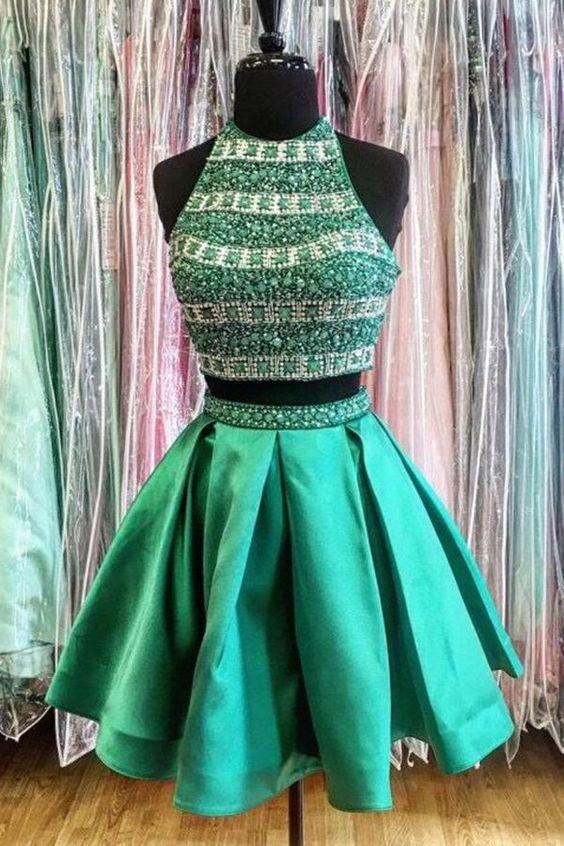 Morden Green Homecoming Dresses Lillian Two Pieces Satin s Beading Round Neck Short CD4003