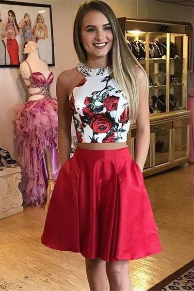 Two Piece Floral Red Short With Pocket Simple Knee Length Graduation Party Homecoming Dresses A Line Carleigh Dress CD407