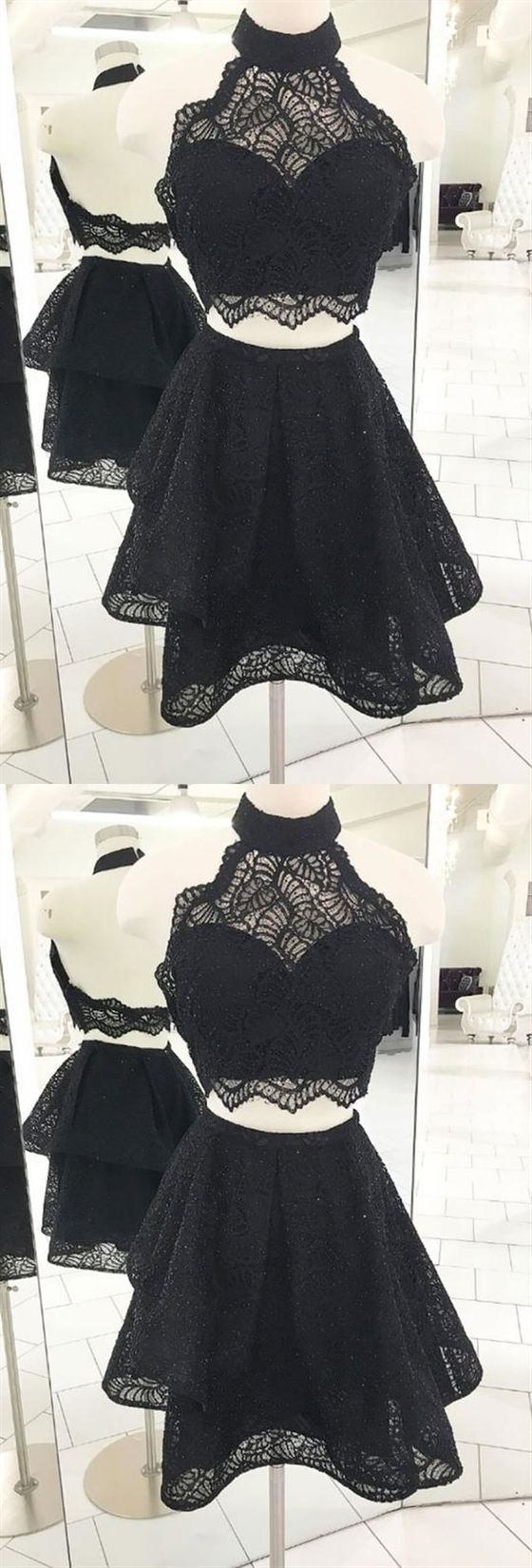 Black Two Pieces Alivia Homecoming Dresses Lace Cocktail Halter Short Dresses CD417