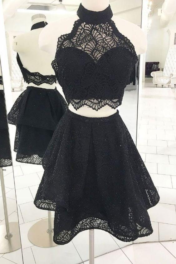 Black Two Pieces Alivia Homecoming Dresses Lace Cocktail Halter Short Dresses CD417