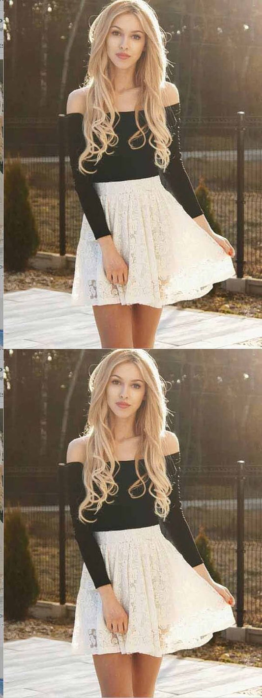 Two Piece Long Sleeves Ivory Dakota Homecoming Dresses Lace Short CD429