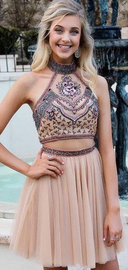 High Neck Embroidery Two Piece Gold With Open Lucile Homecoming Dresses Back CD4330