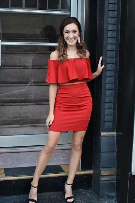 Two Piece Off-The-Shoulder Above-Knee Red Homecoming Dresses Emilia With Ruffles CD4447