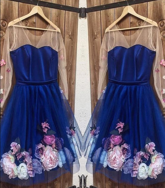 Long Sleeves 3D Floral Short Homecoming Dresses Lynn Blue Dresses Short Blue Formal Graduation CD4513