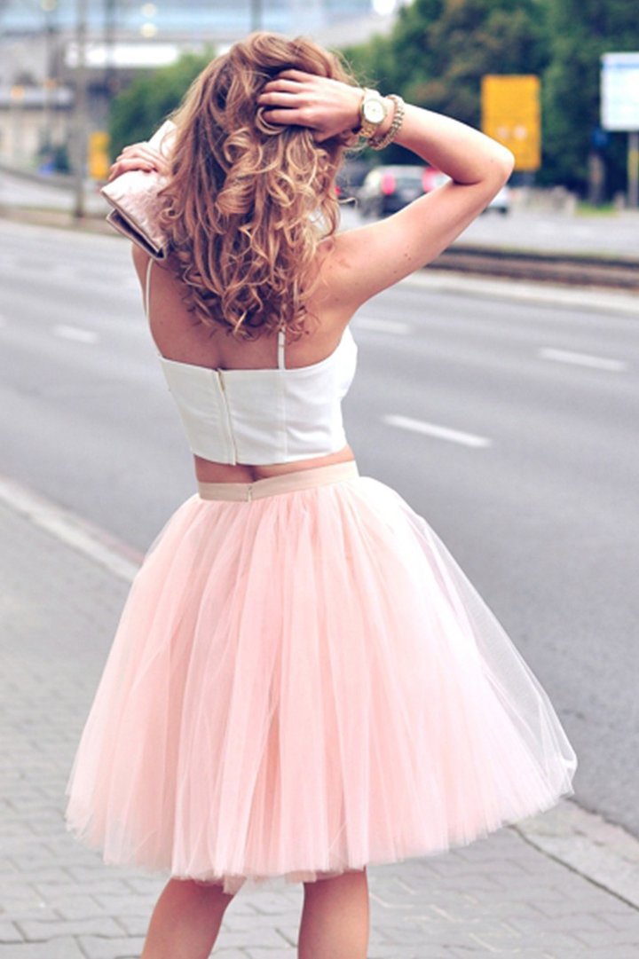 Spaghetti Straps Two Piece Pink Homecoming Dresses Kimora Blush Short Party Dress CD47