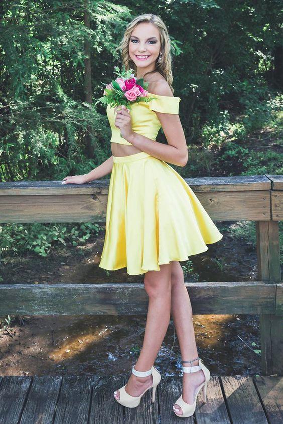 Off The Shoulder Two Piece Homecoming Dresses Charlize Party Dress Yellow Short CD4795