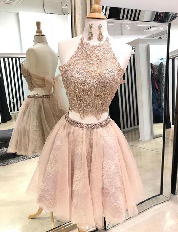 Halter Amy Two Pieces Homecoming Dresses Champagne Short With Appliques CD527