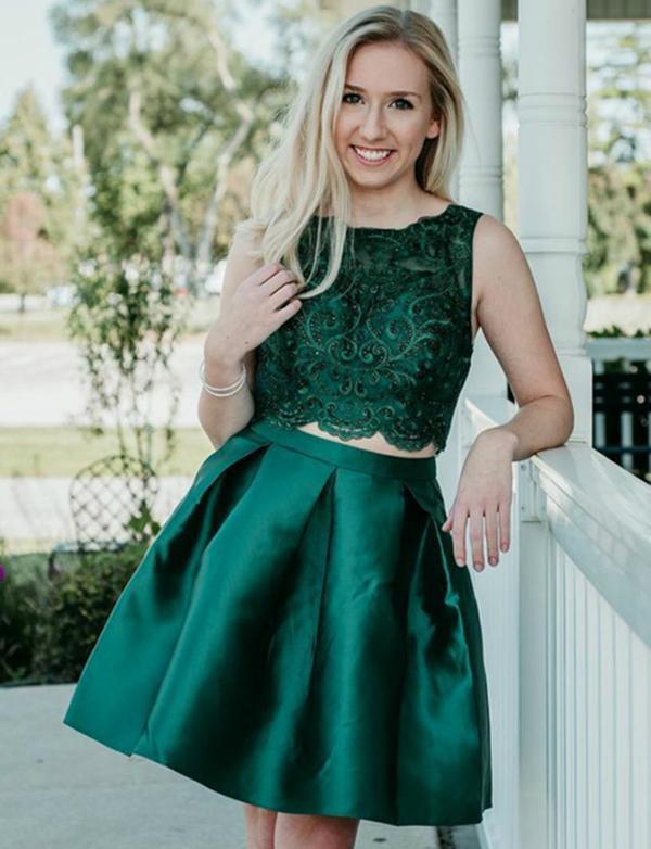 Two Piece Marie Satin Homecoming Dresses Dark Green With Beading CD543