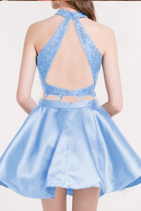 Skye Blue Two Piece Homecoming Dresses A Line Cailyn Halter Sleeveless Keyhole Back Appliques Short CD61