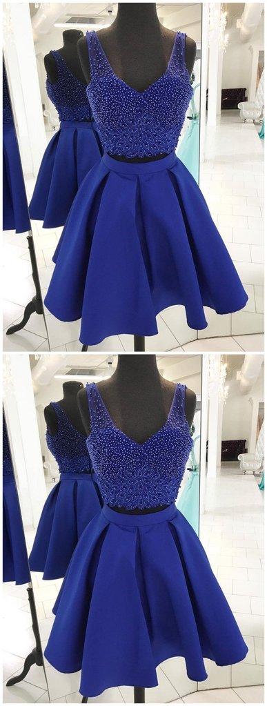 V Neck Beaded Royal Blue Briley Homecoming Dresses Two Piece CD65