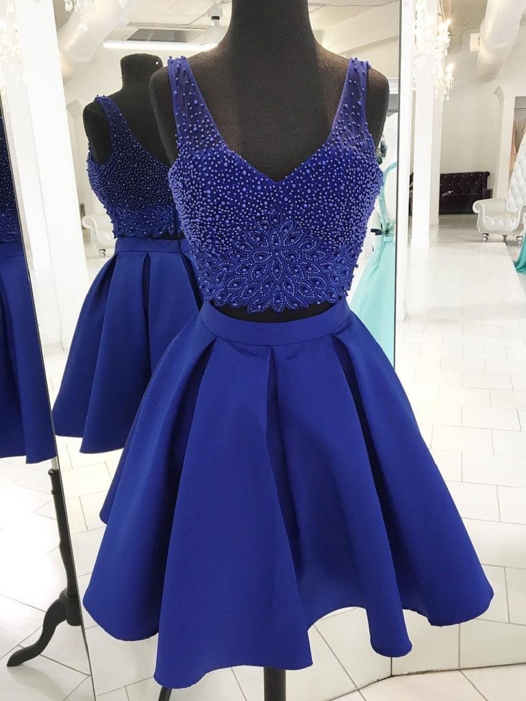 V Neck Beaded Royal Blue Briley Homecoming Dresses Two Piece CD65