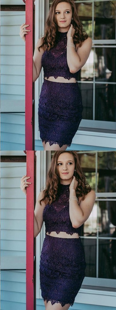 Two Piece Purple Homecoming Dresses Lace Mareli Beaded Tight CD661