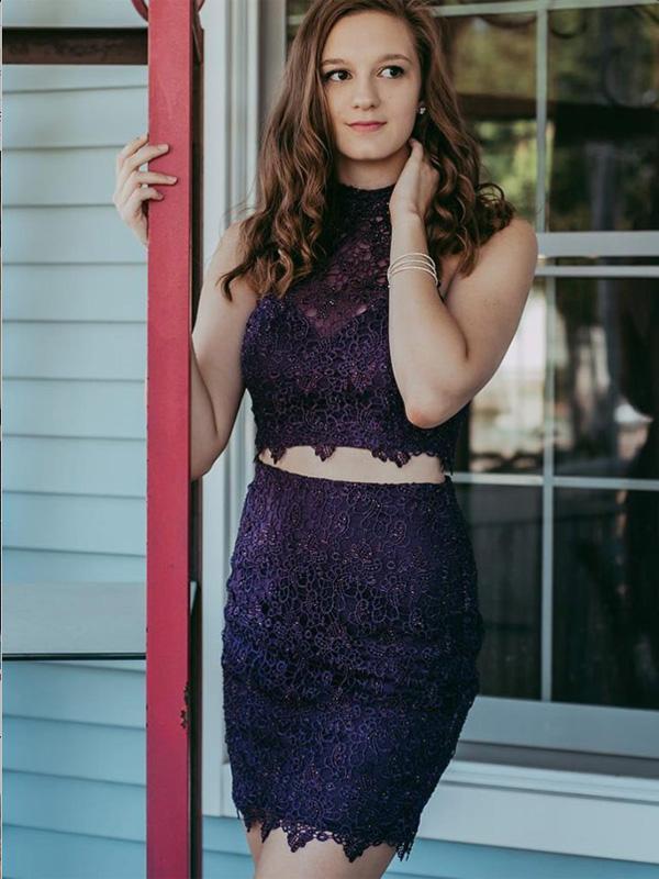 Two Piece Purple Homecoming Dresses Lace Mareli Beaded Tight CD661