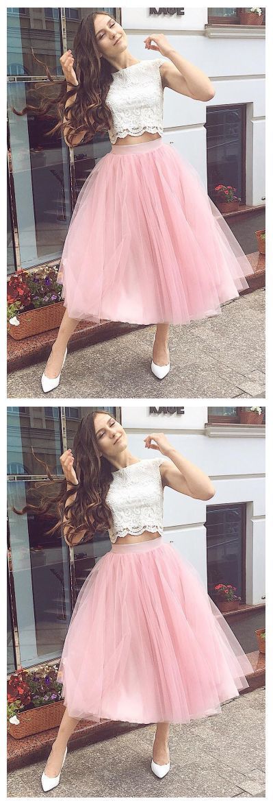 Fashion Two Piece Tulle Party Helena Homecoming Dresses Pink Lace Dress CD8030