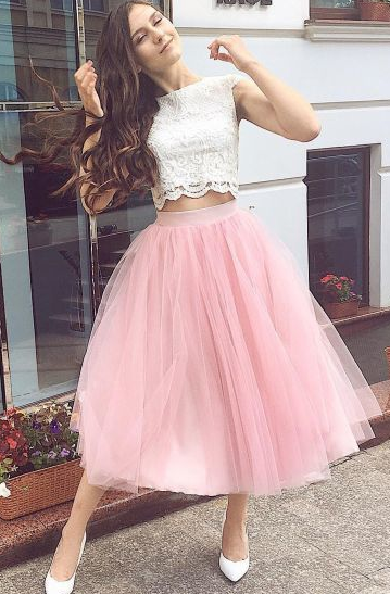 Fashion Two Piece Tulle Party Helena Homecoming Dresses Pink Lace Dress CD8030