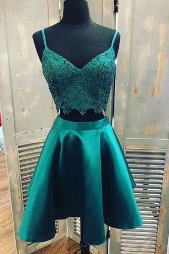 Teal Two Piece Homecoming Dresses Lace Lyla Satin With Spaghetti Strap Graduation CD8105