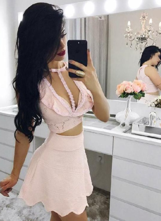 Homecoming Dresses Tori Engrossing Pink, Lace, Two Piece CD885