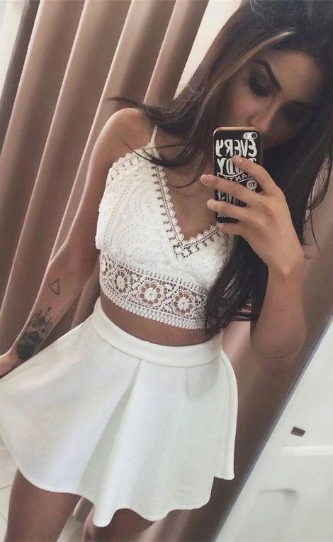 Two Piece Spaghetti Straps Short Lauretta Lace Homecoming Dresses White With CD8957