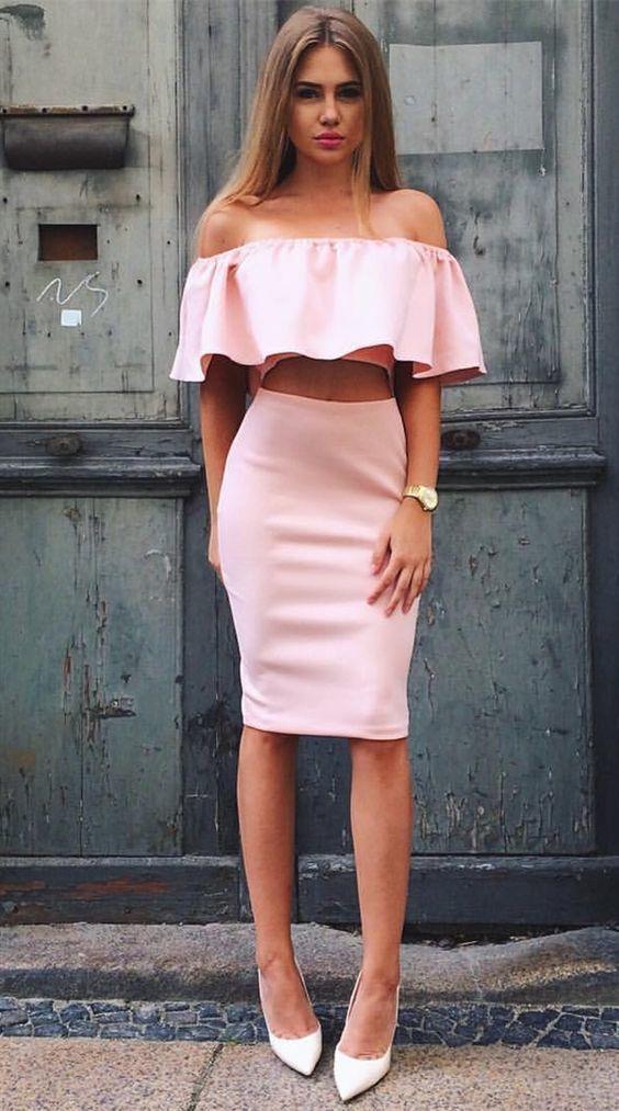 Two Piece Off-The-Shoulder Homecoming Dresses Haley Pink Knee-Length With Ruffles CD916