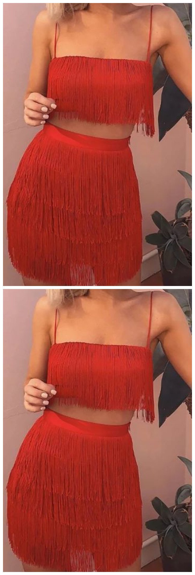 Sleeveless Spaghetti Strap Fringe Crop Top Bodycon Stacy Homecoming Dresses Two Piece Mini CD9312