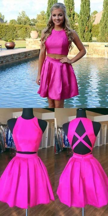 Jaqueline Satin Homecoming Dresses Two Piece A-Line Jewel Open Back Short With Pleats CD9342