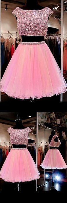 Cute Jewel Beading Two Pieces Pink Homecoming Dresses Phoebe CD9897