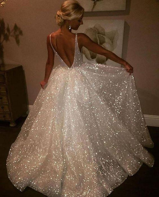 Sequins V-Neck Ivory Backless A-Line Sleeveless Elegant Plus Size Prom Dresses JS381