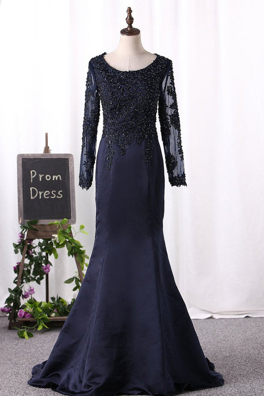 2024 Mother Of The Bride Dresses Scoop Long Sleeves Mermaid Satin With Beading Detachable