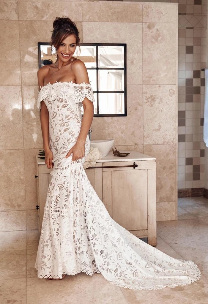 Elegant Off the Shoulder Ivory Lace Mermaid Beach Wedding Dress, Cheap Bridal Dress SJS15188