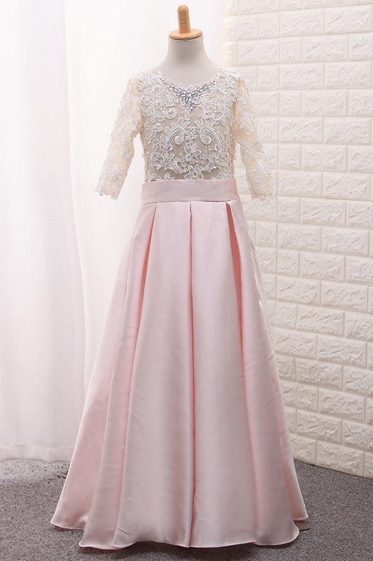 Scoop Mid-Length Sleeve Satin A Line Flower Girl Dresses With Applique Floor-Length